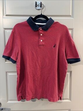 Nautica Red with Navy Trim Striped Polo